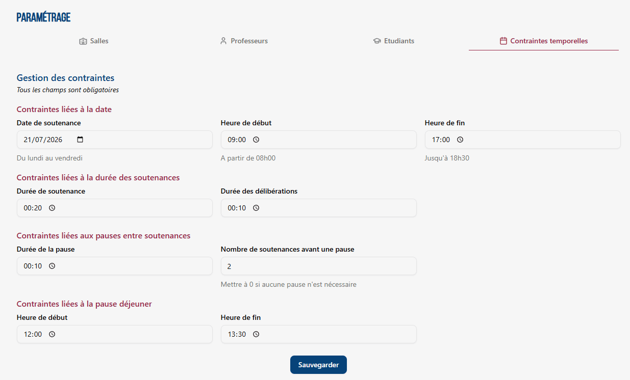 Formulaire de saisie des contraintes horaires