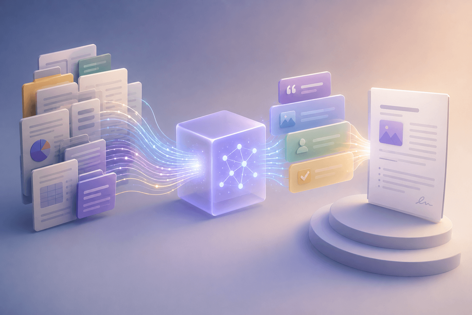 Illustration : des documents et offres passés convergent vers un moteur IA, puis ressortent en une proposition structurée.
