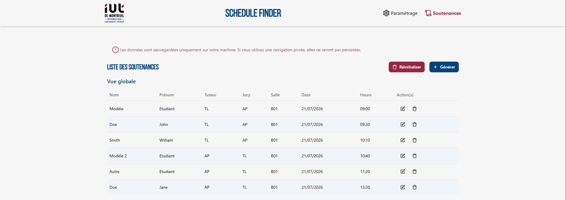 Capture de l'interface de Schedule Finder